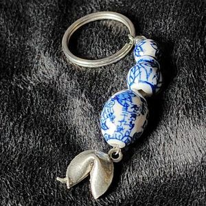 Porcelain Key Chain Fortune Cookie, white and blue 3" Japanese Style